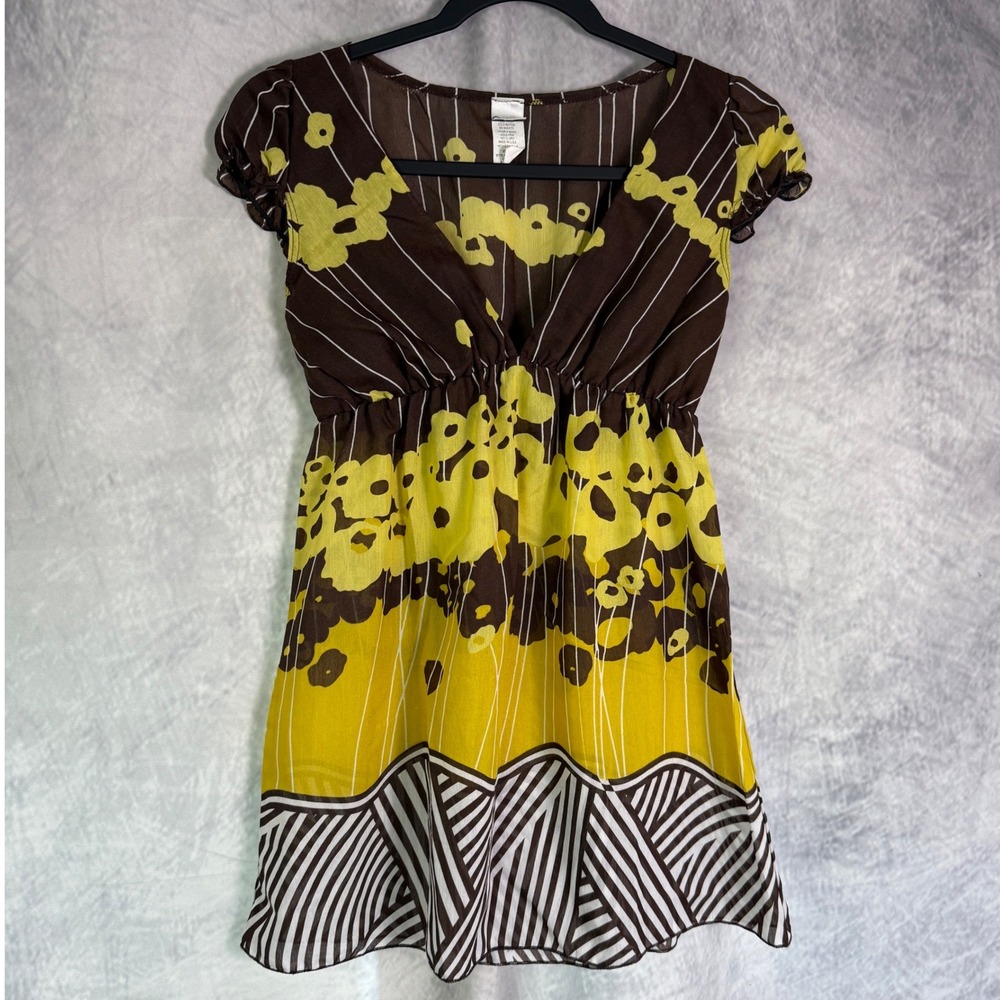Vtg Y2K Carolina USA Babydoll Top Sz S Brown Yellow Floral Boho cottagecore